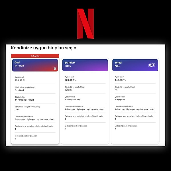 Netflix'in paketlerinin sunduğu hizmetleri buradan inceleyebilirsiniz: