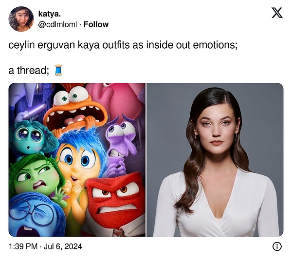 Peki bir X kullanıcısının Ceylin Erguvan Kaya - Inside Out eşleştirmesi yaptığını söylesek ne dersiniz? X'te @cdlmloml adlı bir kullanıcı, Yargı dizisinde Pınar Deniz'in canlandırdığı Ceylin Erguvan Kaya karakterinin kıyafet seçimlerini filmdeki duygularla eşleştirmiş. Gelin o eşleştirmeye hep birlikte bakalım.