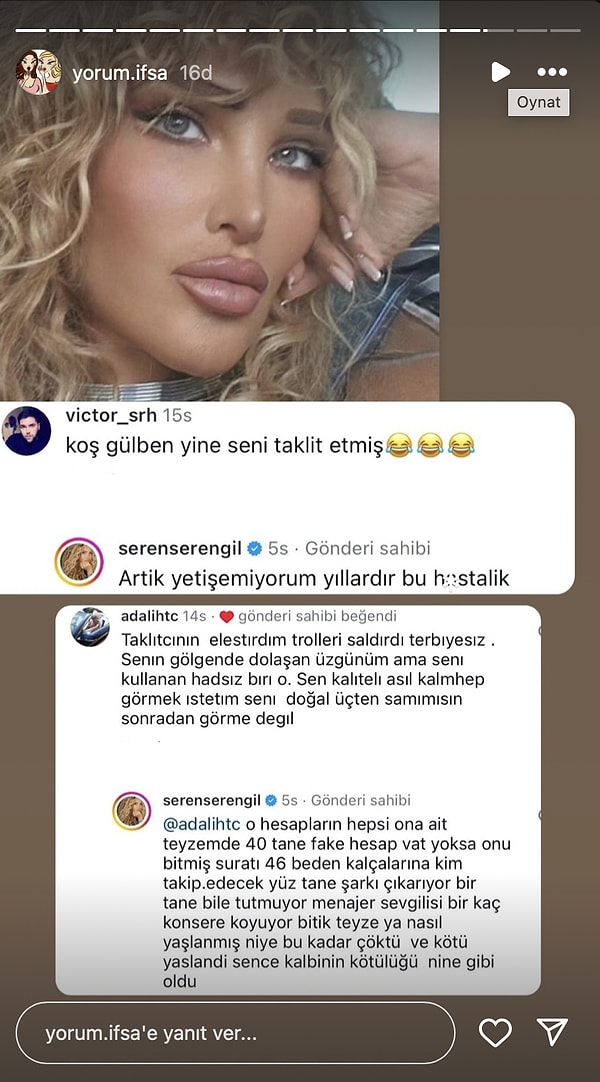 Gülben Ergen'e "bitik teyze" ve "nine gibi oldu" ithamlarında bulunan Seren Serengil, "bitmiş suratı 46 beden kalçalarıyla kim takip edecek?" diyerek Gülben Ergen'i yerin dibine sokan Serengil yine ve yeniden hırsıyla ağızları açık bıraktı...