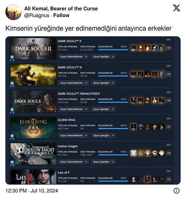 İşte bu adamı daha hiçbir şey üzemez. Bu kadar Souls oyunu platinleyen biri hayatta asla yenilmez, düşse de kalkmayı iyi bilir.