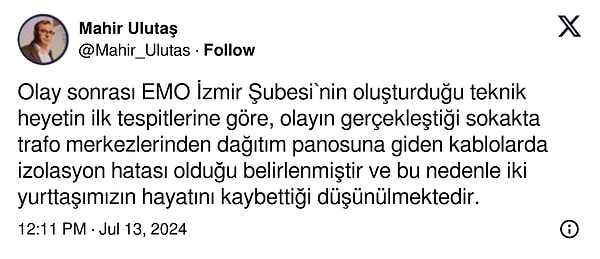 Elektrik Mühendisleri Odası Yönetim Kurulu Başkanı Mahir Ulutaş ise teknik heyetin ilk tespitlerini sosyal medya hesabından kamuoyuyla paylaştı.