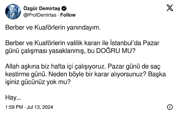 Demirtaş'tan destek 'Berber ve kuaförlerin yanındayım...'