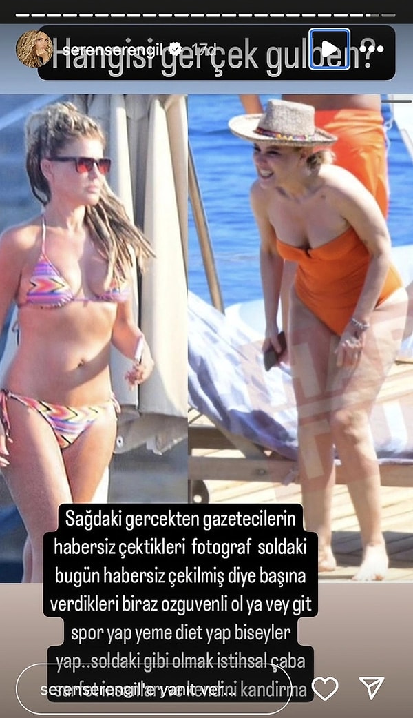 Serengil daha sonra da tarzını değiştirip "Nanik" şarkısıyla dikkat çeken Gülben Ergen'in tatilde çekilmiş bikinili fotoğraflarının şoplu olduğunu savunup görüntüler paylaşarak ateş püskürdü.