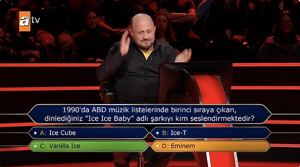 Her bir soruda en az 5 dakika konuşan yarışmacı, radyocu olmasına rağmen Vanilla Ice'ın şarkısını bilemeyerek 30 Bin TL'lik soruda elendi.