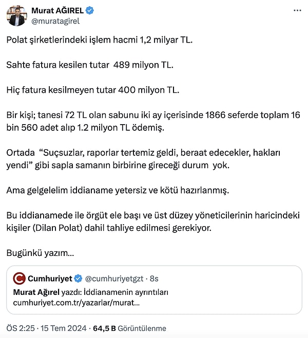 "Ortada  “Suçsuzlar, raporlar tertemiz geldi, beraat edecekler, hakları yendi” gibi sapla samanın birbirine gireceği durum  yok."