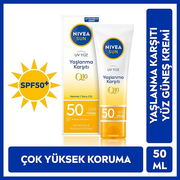 3. NIVEA Sun SPF50+ & Leke Q10 Yüz Güneş Kremi 50 ml;Çok Yüksek Güneş Koruması