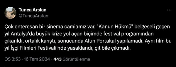 Aydınlık yazarı Tunca Arslan'ın paylaşımıyla ortaya çıkan durumla ilgili Uluslararası İşçi Filmleri Festivali'nde konuya ilişkin 3 Mayıs 2024'te şu açıklamayı yapmıştı: