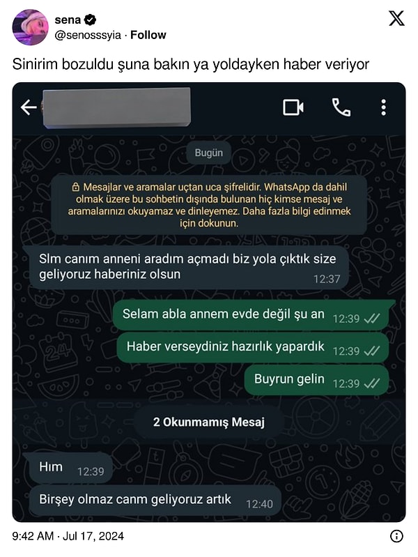 Tam da bu noktada, hepimizin yarasını deşen o WhatsApp mesajlaşmasını paylaşan @senosssyia adlı X kullanıcısı, büyük bir isyanın fitilini ateşledi.