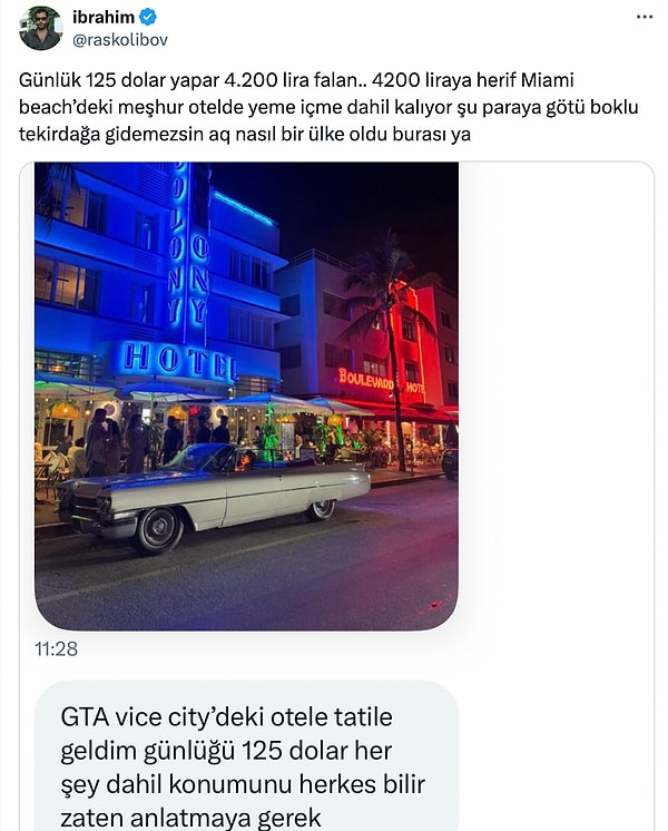 GTA: Vice City oynayanların ilk bakışta tanıyacağı meşhur otelde kalan bir vatandaş da otel fiyatını ve sağladıklarını paylaşarak tartışmanın ABD ayağını paylaştı.