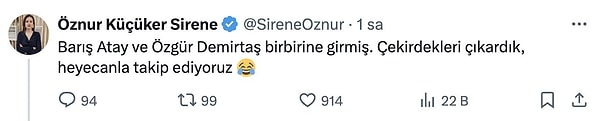 Demirtaş'ı çileden çıkartan paylaşımda şunlar yazıyordu: "Barış Atay ve Özgür Demirtaş birbirine girmiş. Çekirdekleri çıkardık, heyecanla takip ediyoruz."