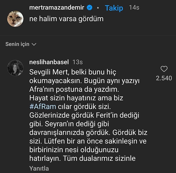 Mert Ramazan Demir'in bu paylaşımına kayıtsız kalamayan bir Yalı Çapkını fanı, Seyran ve Ferit aşkından dem vurarak ikilinin sakinleşmesini temenni etti.