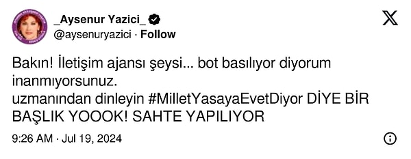 90'lı ve 2000'li yıllarda TRT'de görev yapan sunucu Ayşenur Yazıcı, yaşananlara tepkisini "Bot basılıyor diyorum, inanmıyorsunuz" diyerek dile getirdi.