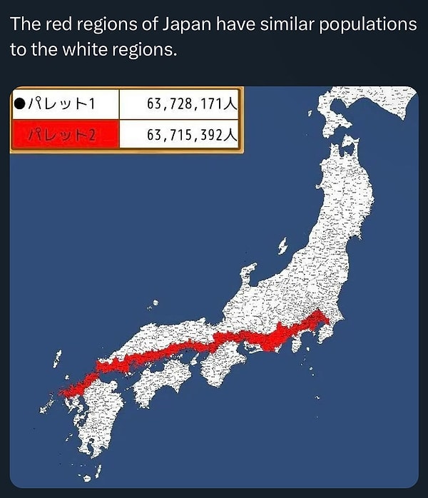 8. Japonya nüfusunun yarısı kırmızı bölgede, diğer yarısı beyaz bölgede yaşıyor.