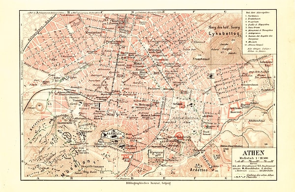 10. Yunanistan'ın başkenti Atina'ya ait 1924 tarihli bir şehir haritası.