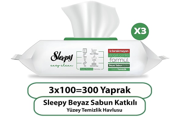 3 tane gelen Sleepy'nin her birinde 100 yaprak var. Beyaz sabun kokulu Sleepy Easy Clean Yüzey Temizlik Havlusu ile evde her yer tertemiz oluyor.