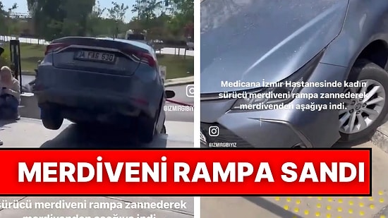 İzmir’de Merdiveni Rampa Sanan Bir Sürücü Aşağı İnmek İsteyince Kaza Yaptı