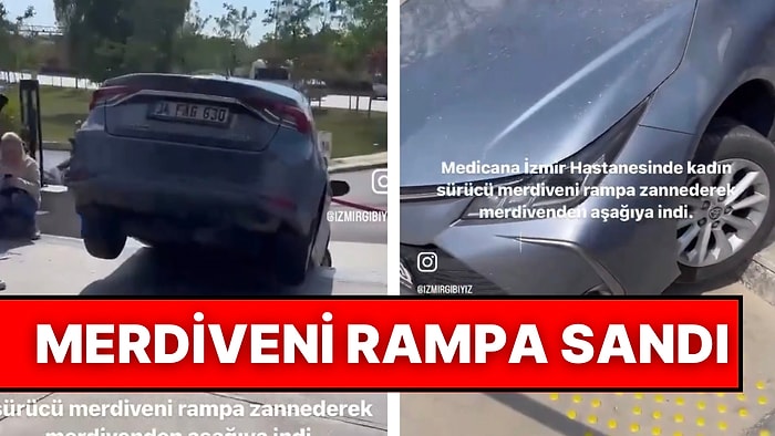 İzmir’de Merdiveni Rampa Sanan Bir Sürücü Aşağı İnmek İsteyince Kaza Yaptı