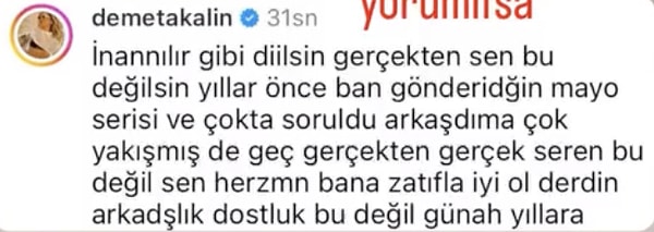 Seren Serengil'in "Yukaridakilerden hangisi demet akalın hangisi seren serengil :)) günün kaosu😅 ben olmazsam su magazin olmuyor içerik bulamiyorlar😅👻🤣" paylaşımına da tepkisiz kalamadı 👇🏻