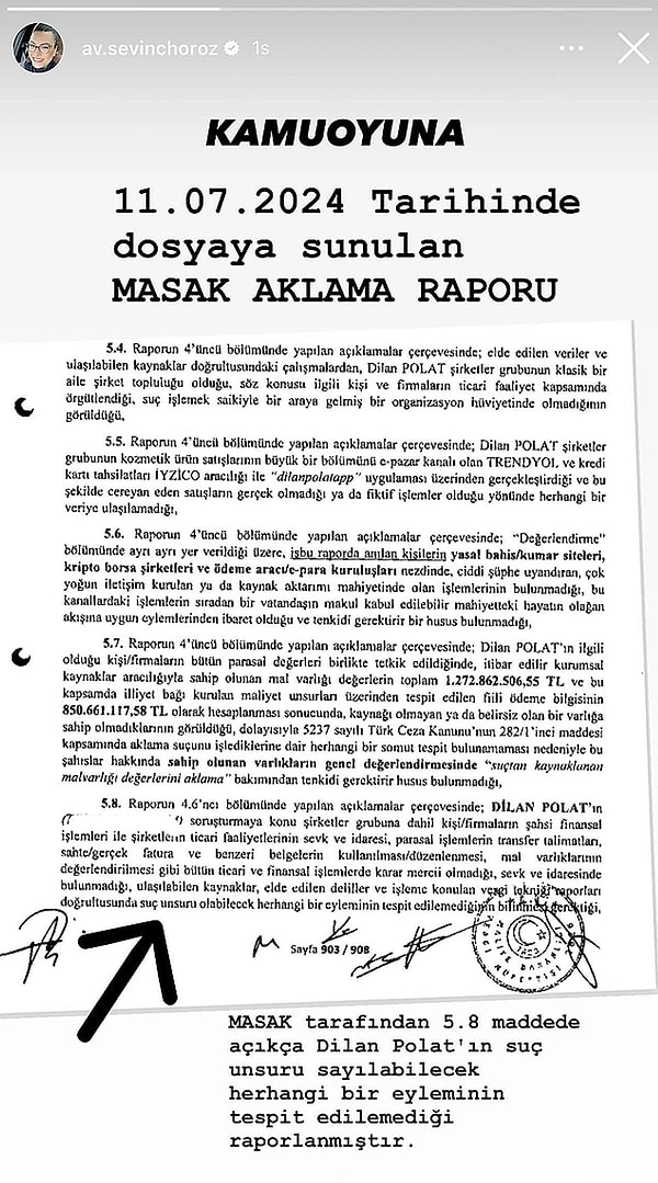 Dilan'ın kardeşleri Sıla ve Can Doğu'nun tahliye edilmesinden sonra gözler Dilan Polat'a çevrilmişti. 908 sayfalık son MASAK raporunda Dilan Polat'ın ticari ve finansal işlemlerde karar yetkisinin olmadığı belirtilince tahliye olacağı iddiaları daha artmıştı.