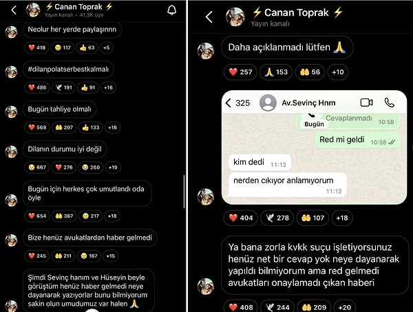 Öte yandan Dilan Polat'ın durumunun hiç iyi olmadığını da belirten Toprak takipçilerini bilgilendirmek için avukatla olan mesajlaşmasının bir kısmını da paylaştı.