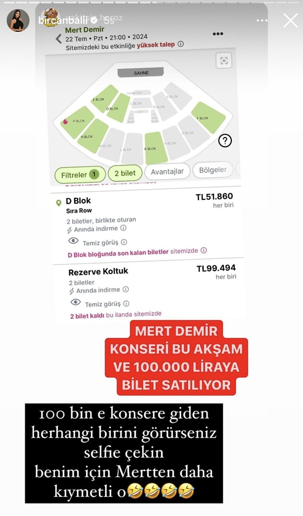 Demir'in 100 Bin TL üzerinden satışa çıkarıldığını gösterdiği konser biletlerini satın alanlara da saran Bali "100 bine konsere giden herhangi birini görürseniz selfie çekin benim için Mert'ten daha kıymetli o" ifadelerini kullandı.