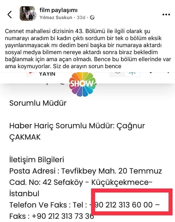 Eksik olan bölüm için aradığı numaranın iki ayrı yere daha aktardığını belirten izleyici, diğer izleyicilerden konunun peşine düşmelerini rica etti.