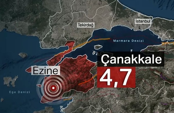 Afet ve Acil Durum Yönetimi Başkanlığından yapılan açıklamaya göre, dün saat 17.39'da Çanakkale'nin, Ezine ilçesinde 10.23 kilometre derinlikte 4.7 büyüklüğünde bir deprem kaydedildi.