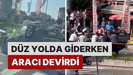 İstanbul'da Bir Otomobil Sürücüsü Düz Yolda Giderken Kaldırıma Çarptı: Araç Ters Devrildi!