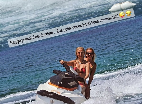 Eski Survivor yarışmacılarından Tuğba Özay, Nagihan'la jet skiye bindikleri anları "Nagi'ye yeminini bozdurdum. Eee çoluk çocuk jet ski kullanmamalı tabi" sözleriyle paylaştı.