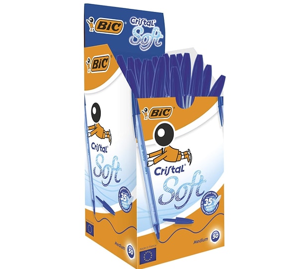 5. BIC Cristal Soft Tükenmez Kalem, Mavi, 50'li Kutu, 1.2 mm Orta Kalınlıkta Uç, Şeffaf Gövde, Delikli Kapak