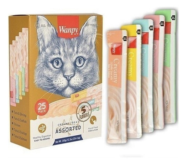 Wanpy Creamy Cat Treat, yani Karışık Krema Sıvı Kedi Ödül Maması, evcil dostlarınızın en sevdiği ödül olacak.