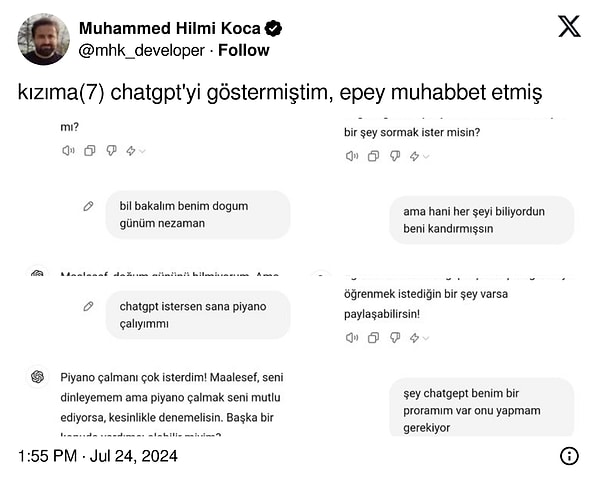 Muhammed Hilmi Koca isimli bir sosyal medya kullanıcısı da, 7 yaşındaki kızının ChatGPT ile olan konuşmalarını paylaştı.