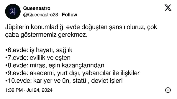 Dahası, 6. evinde Jüpiter onanın sağlık konusunda şansı yaver gider.