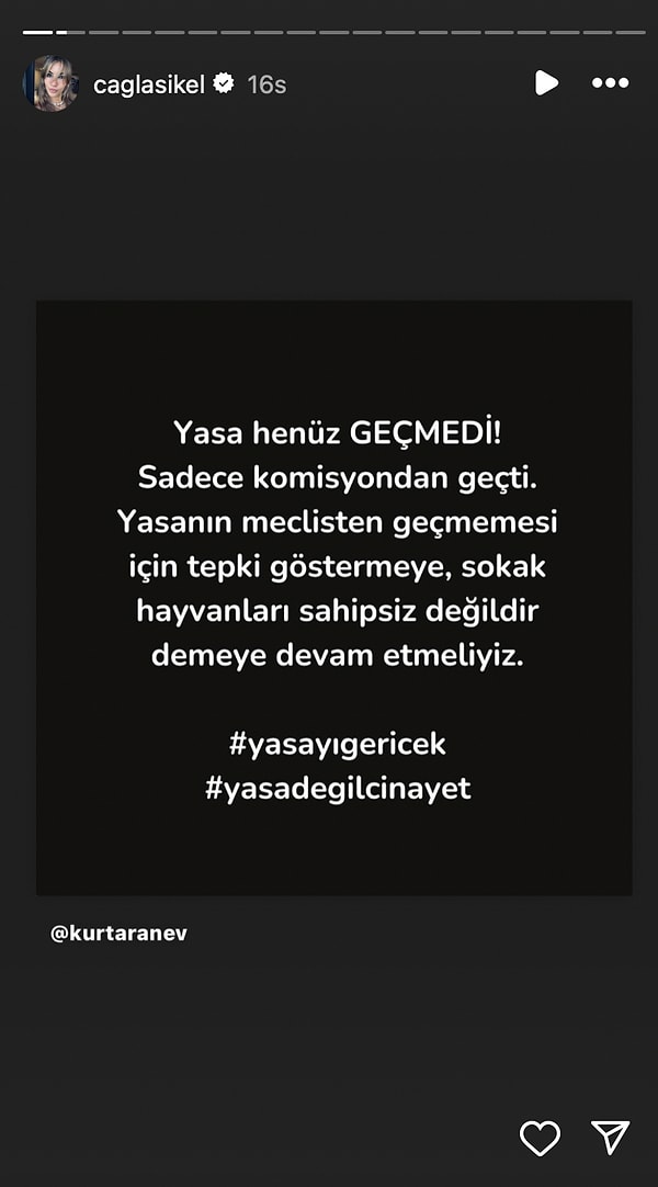 Biliyorsunuz ki son dönemin gündeminde sokak hayvanları için tasarlanan yasa var. Birçok ünlü isim de sosyal medya hesaplarından paylaşım yaparak bu yasaya karşı çıkıyor.