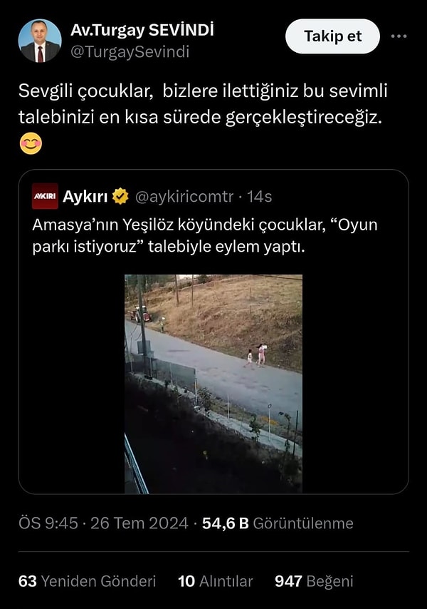 Paylaşımları gören Belediye Başkanı Turgay Sevindi, çocuklara bu şekilde yanıt verdi. 👇