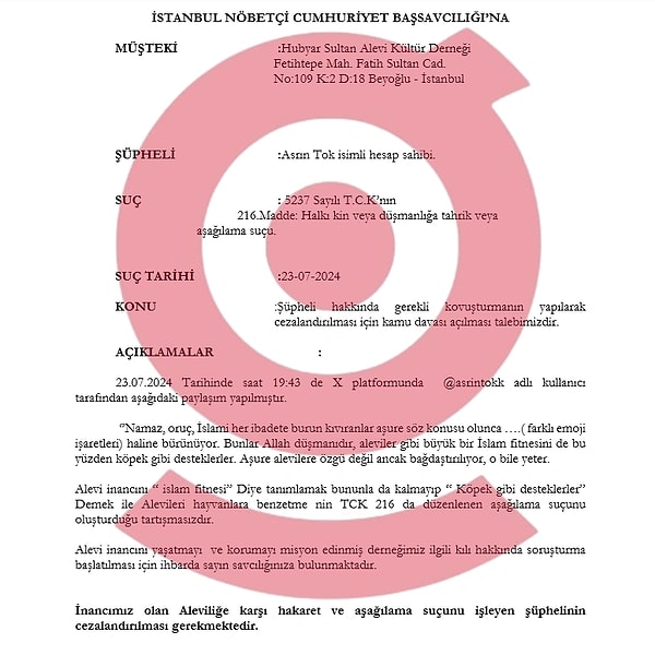 Suç duyurusu için verilen dilekçede, "Alevi inancını 'islam fitnesi' diye tanımlamak bununla da kalmayıp 'Köpek gibi desteklerler' demek ile Alevileri hayvanlara benzetmenin TCK 216'da düzenlenen aşağılama suçunu oluşturduğu tartışmasızdır.” ifadeleri yer aldı.