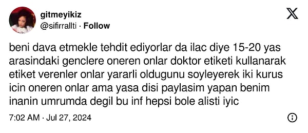 Yayın kanalından iletilen mesajları X üzerinden paylaşan kullanıcı, dava edilmekle tehdit edildiğini de iddia etti.