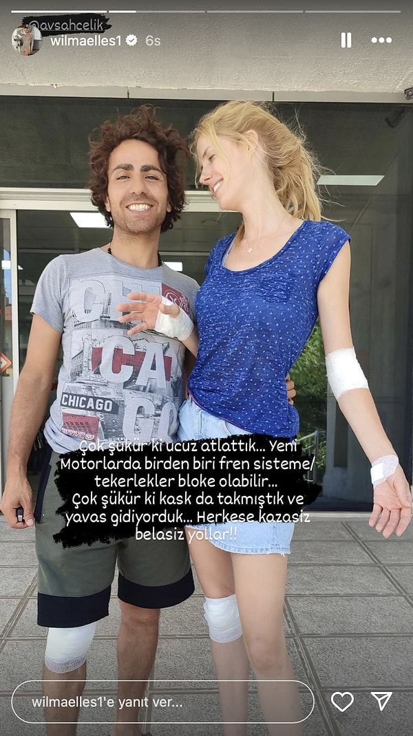 Hastane çıkışında eşiyle beraber pozunu paylaşan Wilma Elles, motorun tekerleklerinin aniden bloke olduğunu ve kazayı ucuz atlattıklarını dile getirdi. Yola çıkan herkesi de uyardı!