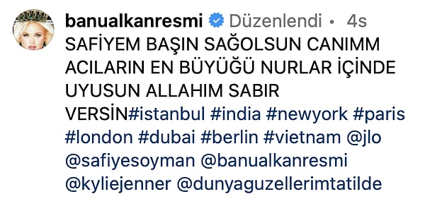 Gönderisine düştüğü not ise daha da içler acısıydı. Kylie Jenner'a tanıklığıyla meşhur Banu Alkan'ın başsağlığı gönderisinde Kylie Jenner ve JLo'yu etiketlediğini gören sosyal medya kullanıcıları resmen çileden çıktı.