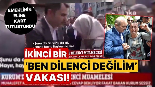 Çevre, Şehircilik ve İklim Değişikliği Bakanı Murat Kurum, yanına gelip maaşıyla ilgili soru soran emekli kadının eline alışveriş kartı tutuşturmaya çalıştı. Kartı geri veren kadın, 'Benim bir şeye ihtiyacım yok ihtiyacı olana ver.' dedi. O anlar geçmiş dönemde Çevre ve Şehircilik Bakanlığı yapan Erdoğan Bayraktar’ın kanser hastası Dilek Özçelik'e para verdiği anları akla getirdi.