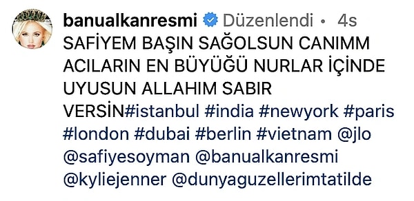 Ardından ilerleyen saatler de bir de post atma kararı alan "Afrodit" Dünya Güzellerim Tatilde programından kalan bir videoyu Rihanna şarkısı eşliğinde paylaşıp bir kez daha başsağlığı dilemesi herkesi hayrete düşürdü. Bir de üzerine etkileşim peşine düşüp Kylie Jenner ve JLo'yu etiketlemesi daha büyük olay oldu.