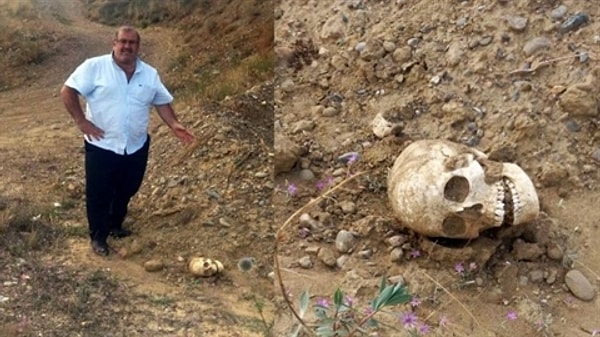 İhbarla bölgeye sevk edilen ekipler, kafatası ile kemiklerin sağanak sonrası yamaç alanda meydana gelen heyelan sonrası ortaya çıktığını tespit etti.