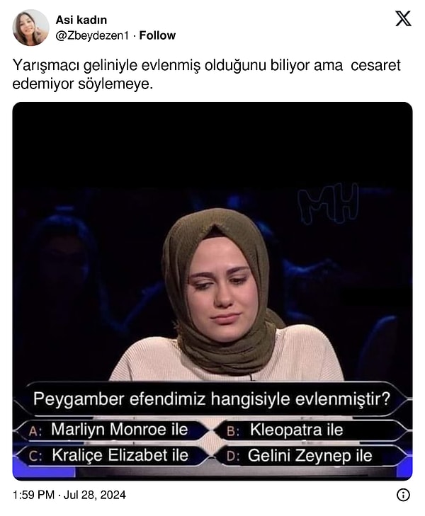 Üstüne de "Yarışmacı geliniyle evlenmiş olduğunu biliyor ama  cesaret edemiyor söylemeye" diye ekledi. İşte o paylaşım👇🏻