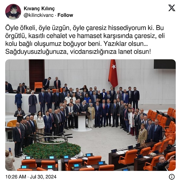 Çaresiz, üzgün ve öfkeli hissettiğini söyleyen Kılınç, " Bu örgütlü, kasıtlı cehalet ve hamaset karşısında çaresiz, eli kolu bağlı oluşumuz boğuyor beni" dedi.