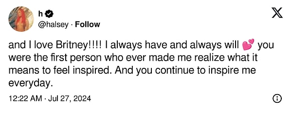 Halsey'ın cevap olarak attığı tweette "ben de Britney'i seviyorum!!!! Her zaman sevdim ve her zaman seveceğim 💕 ilham almanın ne demek olduğunu anlamamı sağlayan ilk kişi sendin. Ve bana her gün ilham vermeye devam ediyorsun." sözlerinin ardından ikili arasında bir sorun olmadığını öğrenildi ve 24 saatten kısa süren bu kaos anında son buldu!