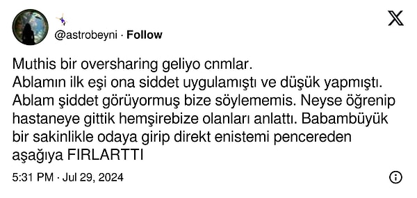 Kadının anlatımına göre, baba kızının şiddet gördüğünü ve düşük yaptığını öğrenince  büyük bir öfke patlaması yaşamış ve eski damadını hastanenin camından dışarıya atmış.👇