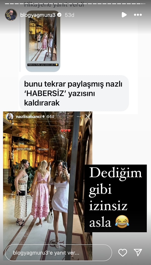 Nazlı gelin, "habersiz" şakasıyla paylaştığı hikayeyi jet hızıyla kaldırdı! Aynı fotoğrafı herhangi bir not düşmeden yeniden paylaşmayı tercih etti. Bize kaynanadan gelen bir vetoyla Arzu Sabancı, "gelinim benden 'habersiz' iş yapmaz" mesajı verdi gibi geldi ama siz ne düşünürsünüz bilemiyoruz... 😂 Hadi yorumlarda buluşalım!