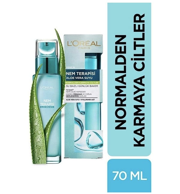 8. L’Oréal Paris Nem Terapisi Aloe Vera Suyu, Nemlendirici ve Ferahlık Etkili Krem, Normalden Karmaya Ciltler 70ml