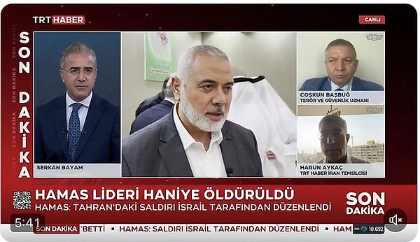 12. TRT'nin Hamas Lideri İsmail Haniye'nin suikastini 'öldürüldü' diye vermesi sonrası iktidara yakın hesaplar sosyal medyadan linç girişimine başladı.  TRT tepkilerin ardından 'şehit edildi' ifadesini kullanmaya başladı.