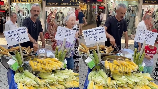 Dar gelirli vatandaşın bu durumdan oldukça muzdarip olduğunu bilen İzmirli bir mısır satıcısı bu duruma kendi yöntemleriyle bir çözüm buldu. Mısırın tanesini 30 TL'ye satan işportacı, aracına, 'Parası olmayan her anne babaya mısır bedava.' notunu düştü.